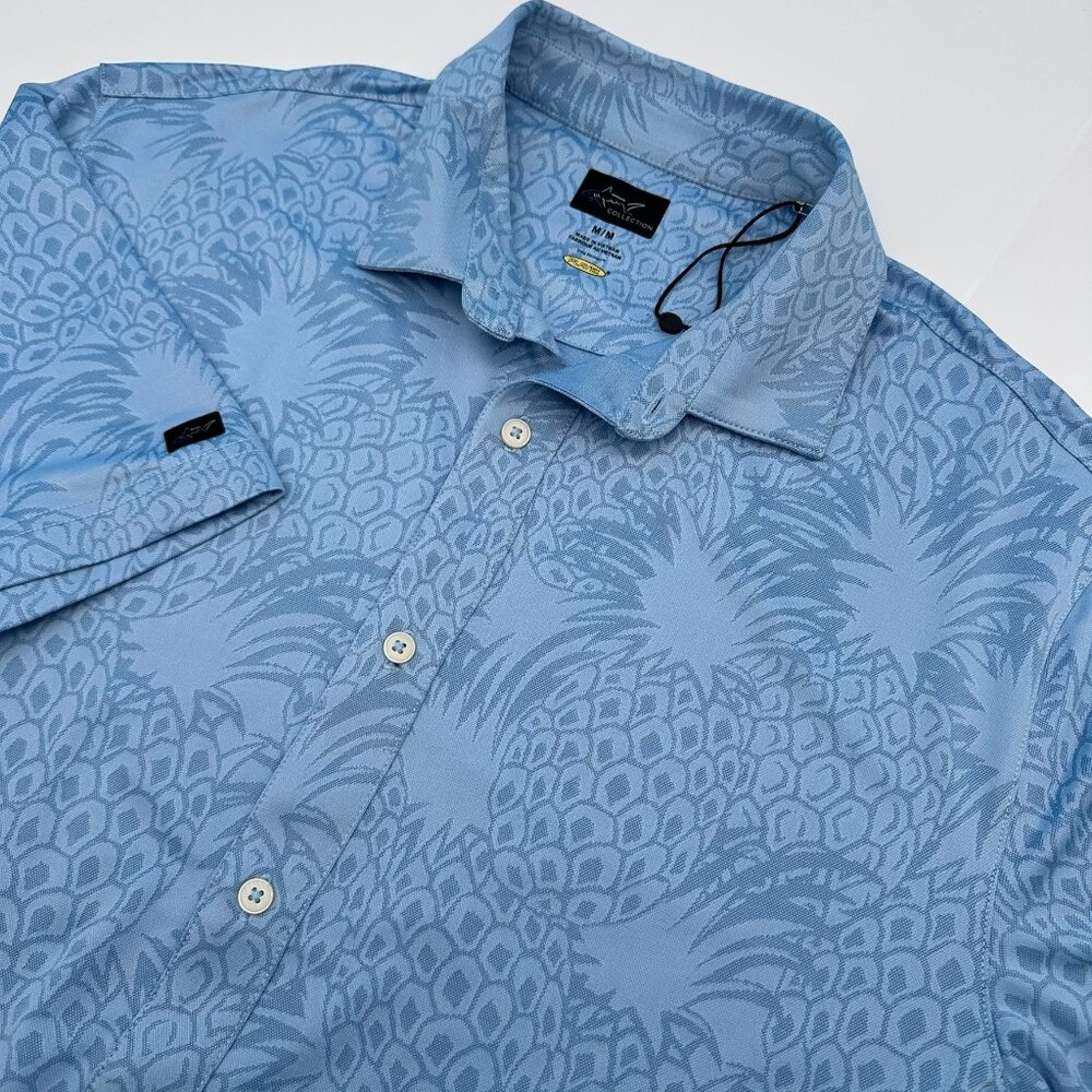 NWOT Greg Norman Play Dry Button Up Pineapple Print Golf Shirt, Size M, Sky Blue